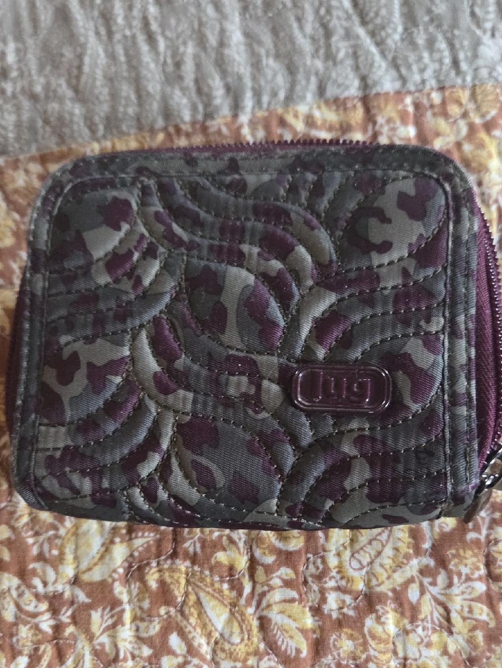 lug Quilted Zip Wallet in Olive Green and Plum